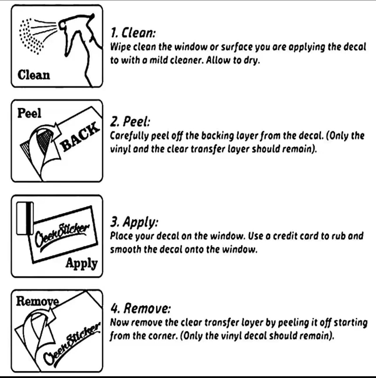 Instructions for applying a decal with illustrations and text on a black background